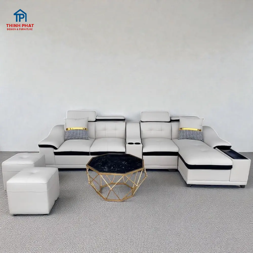 Sofa góc da màu trắng đen gật gù có khay tay và chaise thư giãn tại showroom Thịnh Phát Đà Nẵng