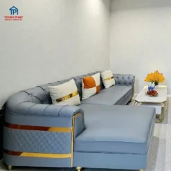 Sofa Góc Da Xanh Ghi Viền Champagne Tân Cổ Điển góc dài tại nội thất Thịnh Phát chuyên sofa da Đà nẵng