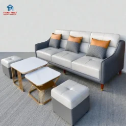 Sofa da phong cách Hàn Quốc màu trắng xám với thiết kế tối giản hiện đại