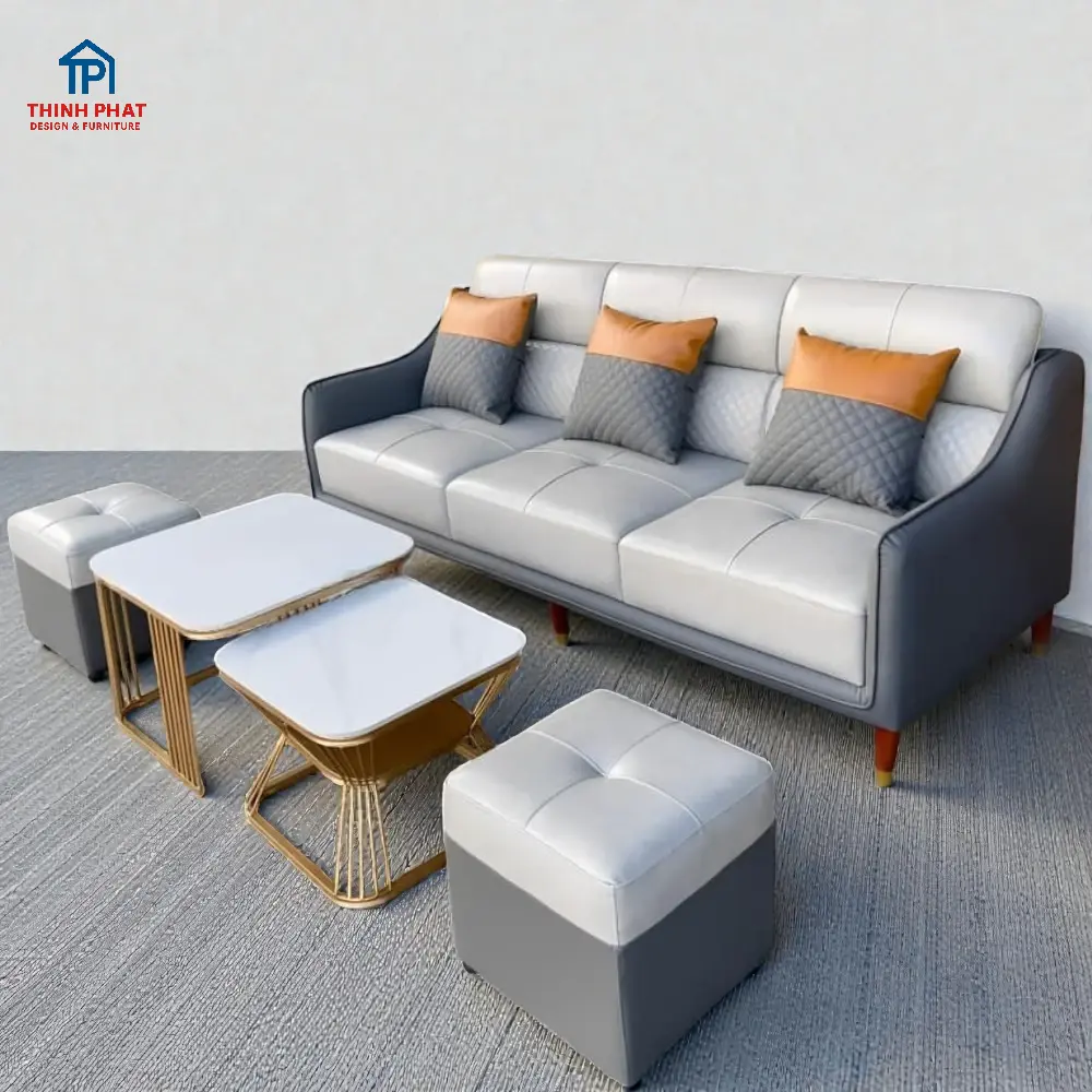 Sofa da phong cách Hàn Quốc màu trắng xám với thiết kế tối giản hiện đại