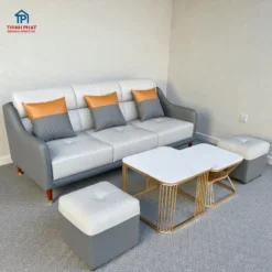 Sofa khung gỗ bọc da CLEO phong cách Hàn Quốc màu trắng xám tại showroom Thịnh Phát Đà Nẵng