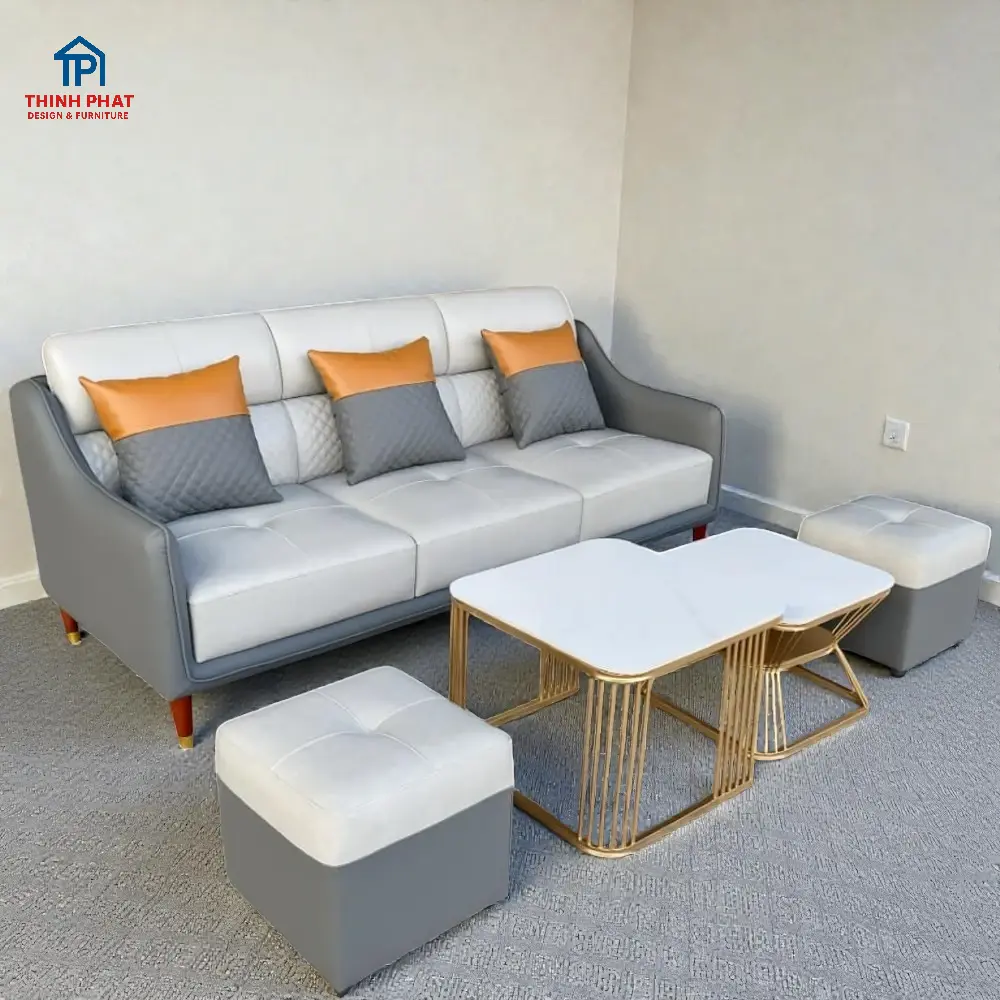 Sofa khung gỗ bọc da CLEO phong cách Hàn Quốc màu trắng xám tại showroom Thịnh Phát Đà Nẵng
