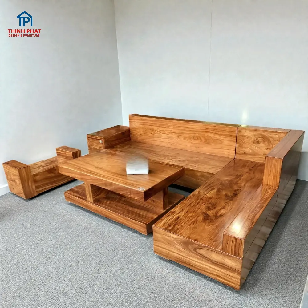 Sofa góc gỗ Hương Xám hiện đại cho phòng khách nhà phố Đà Nẵng
