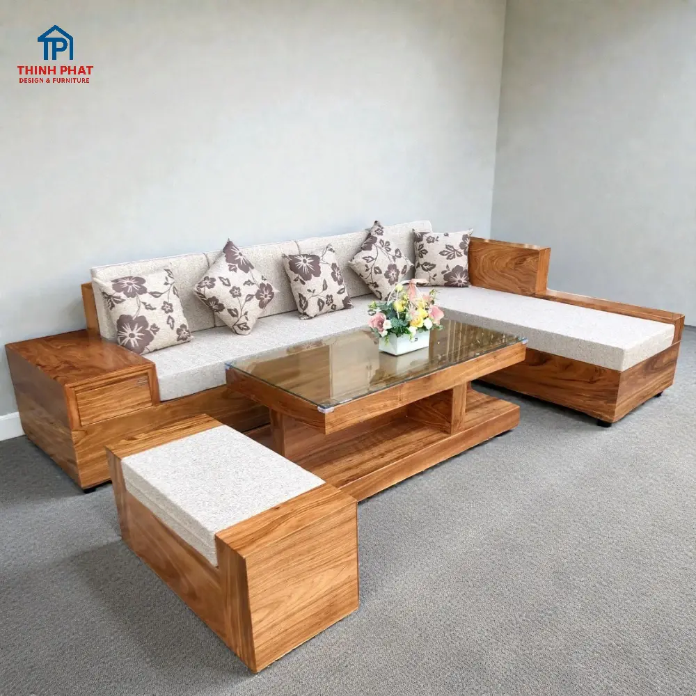 Sofa góc gỗ Hương Xám ĐH1 phong cách Nhật với vân gỗ tự nhiên tại showroom Thịnh Phát Đà Nẵng