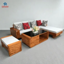 Sofa góc gỗ Hương Xám Toàn Cầu hiện đại với vân gỗ tự nhiên tại showroom Thịnh Phát Đà Nẵng