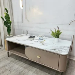 Bàn trà sofa hộc trơn màu be mặt đá trắng phong cách hiện đại, hợp căn hộ và nhà phố tại Nội thất Thịnh Phát Đà Nẵng