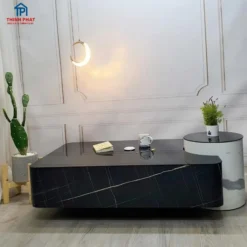 Mẫu Bàn trà bán nguyệt mặt đá đen phối trụ xám gợi ý cho không gian phòng khách gọn đẹp