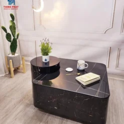 Thiết kế Bàn trà bán nguyệt vân đá nâu chân bệt nhìn trực diện, dễ so sánh với các mẫu cùng nhóm