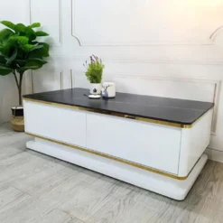 Thiết kế Bàn sofa chữ nhật trắng viền vàng mặt đen nhìn trực diện, dễ so sánh với các mẫu cùng nhóm