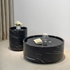 Bàn trà couple tròn mặt đá đen đồng bộ tại showroom bàn trà ở Nội Thất Thịnh Phát Đà Nẵng