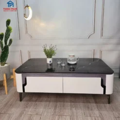 Bàn sofa đá đen phối hồng nhạt hai ngăn kéo trong phối cảnh phòng khách hiện đại tại Nội thất Thịnh Phát Đà Nẵng