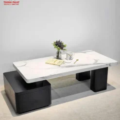 Thiết kế Bàn trà đá trắng chân khối đen hiện đại nhìn trực diện, dễ so sánh với các mẫu cùng nhóm