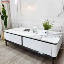 Bàn trà sofa đá trắng hai ngăn kéo chân đen trong phối cảnh phòng khách hiện đại tại Nội Thất Thịnh Phát Đà Nẵng