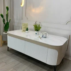 Bàn sofa đá trắng thân trắng bo nan sọc phong cách hiện đại, hợp căn hộ và nhà phố tại Đà Nẵng