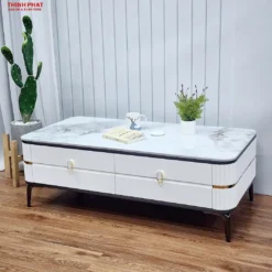 Góc chụp thực tế Bàn sofa đá trắng thân trắng viền nâu với màu sắc và kiểu chân rõ nét tại Nội Thất Thịnh Phát Đà Nẵng