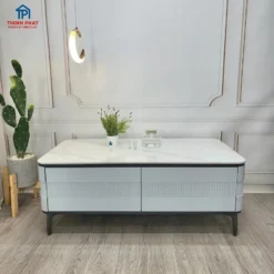 Bàn trà sofa đá trắng thân xanh nhạt hai ngăn kéo tại showroom Nội thất Thịnh Phát ở Đà Nẵng