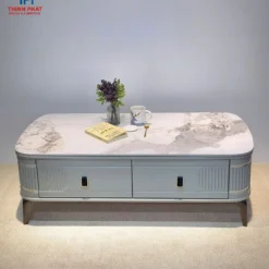 Thiết kế Bàn sofa đá trắng thân xanh xám bo mềm nhìn trực diện, dễ so sánh với các mẫu cùng nhóm