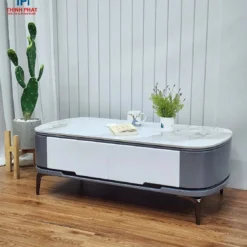 Bàn sofa đá trắng xám bo tròn thân trắng phong cách hiện đại, hợp căn hộ và nhà phố tại Thịnh Phát Đà Nẵng