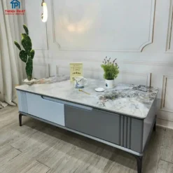 Góc chụp thực tế Bàn trà sofa đá xám vân mây thân ghi với màu sắc và kiểu chân rõ nét tại Nội thất Thịnh Phát Đà Nẵng