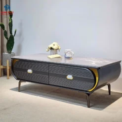 Bàn sofa đá xám xanh thân đen viền vàng đặt cạnh sofa, phù hợp tham khảo trước khi chọn mua