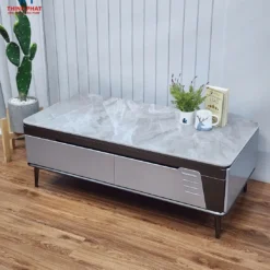 Ảnh chi tiết Bàn sofa đá xám xanh thân nâu chân cao cho khách xem dáng bàn và mặt bàn
