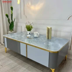 Mẫu Bàn sofa đá xanh xám chân vàng hai ngăn kéo gợi ý cho không gian phòng khách gọn đẹp