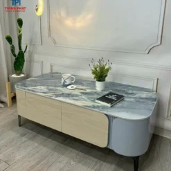 Thiết kế Bàn sofa đá xanh xám phối kem bo tròn nhìn trực diện, dễ so sánh với các mẫu cùng nhóm