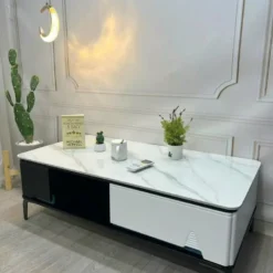 Thiết kế Bàn sofa đen trắng hộc trơn mặt đá nhìn trực diện, dễ so sánh với các mẫu cùng nhóm