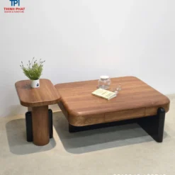 Mẫu Bàn trà gỗ nâu kèm bàn con bo góc gợi ý cho không gian phòng khách gọn đẹp