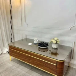Bàn trà gương trà nâu hai ngăn kéo tay vàng tại showroom bàn trà ở Thịnh Phát Đà Nẵng