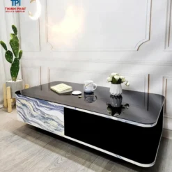 Bàn sofa hộc trơn đen phối vân đá xanh phong cách hiện đại, hợp căn hộ và nhà phố tại Đà Nẵng