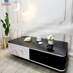 Bàn sofa hộc trơn đen trắng vân mây trong phối cảnh phòng khách hiện đại liên hệ Nội thất Thịnh Phát Đà Nẵng để được tư vấn