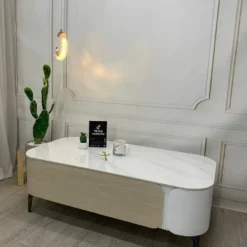 Thiết kế Bàn sofa kem mặt đá trắng một ngăn kéo bo tròn nhìn trực diện, dễ so sánh với các mẫu cùng nhóm