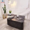 Bàn trà khoét bán nguyệt màu nâu đậm trong phối cảnh phòng khách hiện đại