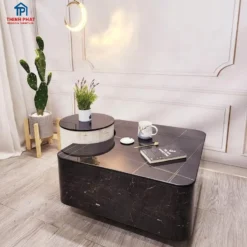 Bàn trà khoét bán nguyệt màu nâu đậm trong phối cảnh phòng khách hiện đại