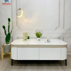 Bàn trà sofa mặt đá trắng thân trắng tối giản trong phối cảnh phòng khách hiện đại