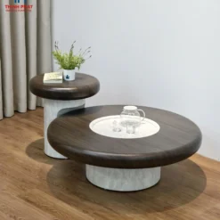 Góc chụp thực tế Bàn trà nấm mặt gỗ đen kèm bàn nhỏ với màu sắc và kiểu chân rõ nét tại Nội Thất Thịnh Phát Đà Nẵng