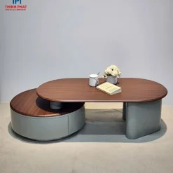 Bàn trà oval mặt gỗ kèm bàn tròn thấp trong phối cảnh phòng khách hiện đại tại Nội Thất Thịnh Phát Đà Nẵng