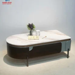 Góc chụp thực tế Bàn sofa oval trắng đen một ngăn kéo chân cao với màu sắc và kiểu chân rõ nét tại Thịnh Phát Đà Nẵng