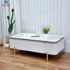 Ảnh chi tiết Bàn trà sofa trắng chân vàng một hộc thanh mảnh cho khách xem dáng bàn và mặt bàn
