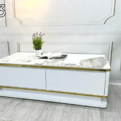 Góc chụp thực tế Bàn sofa trắng mặt đá sáng hai ngăn kéo kéo với màu sắc và kiểu chân rõ nét tại Nội Thất Thịnh Phát Đà Nẵng