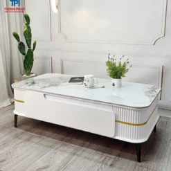 Bàn trà sofa trắng vân đá một ngăn kéo viền vàng tại showroom bàn trà ở Nội thất Thịnh Phát Đà Nẵng