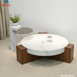 Thiết kế Bàn trà tròn đá trắng kèm bàn con gỗ nhìn trực diện, dễ so sánh với các mẫu cùng nhóm