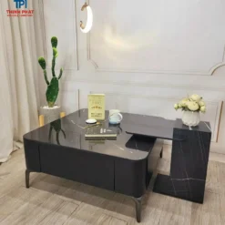Bàn trà tròn đen kèm bàn con chân hộp phong cách hiện đại, hợp căn hộ và nhà phố