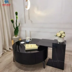 Bàn trà tròn đen kèm bàn con mặt đá trong phối cảnh phòng khách đẹp