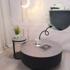 Góc chụp thực tế Bàn trà tròn hồng đất kèm bàn phụ nhỏ với màu sắc và kiểu chân rõ nét tại Nội thất Thịnh Phát Đà Nẵng