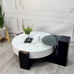 Góc chụp thực tế Bàn trà tròn mặt đá trắng kèm bàn phụ đen với màu sắc và kiểu chân rõ nét tại Nội thất Thịnh Phát Đà Nẵng