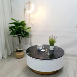 Bàn trà sofa tròn mặt đen thân trắng viền vàng tại showroom bàn trà ở Đà Nẵng