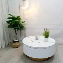 Thiết kế Bàn sofa tròn trắng chân bệt viền nâu nhìn trực diện, dễ so sánh với các mẫu cùng nhóm liên hệ Nội Thất Thịnh Phát