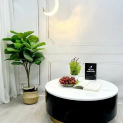 Bàn trà sofa tròn trắng đen viền vàng trong phối cảnh phòng khách hiện đại tại Đà Nẵng